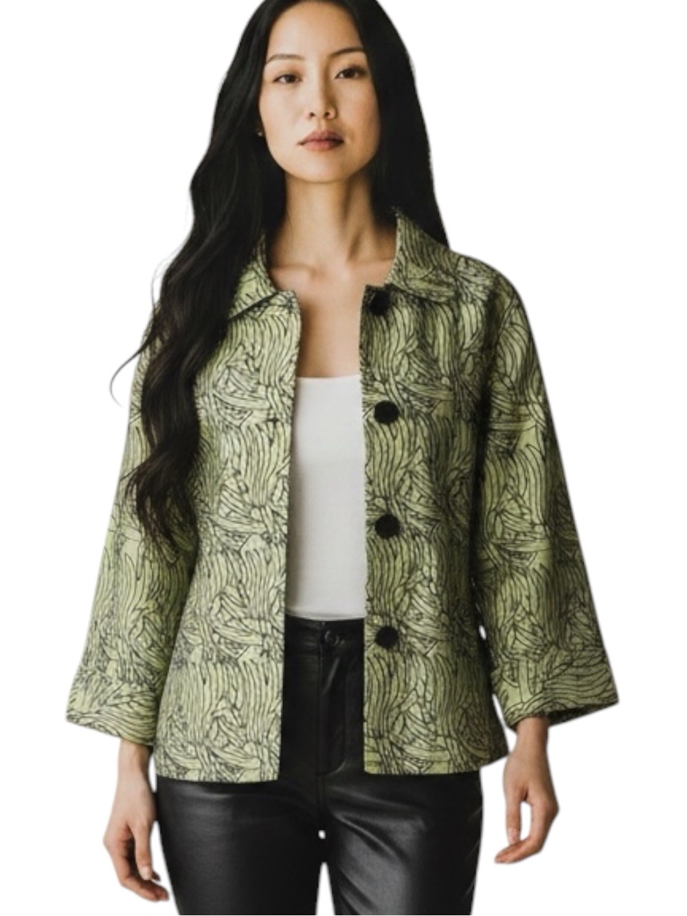 Bleu Bayoo Lime Green Black Embroidery Pure Silk Coastal Grandma Jacket Size L